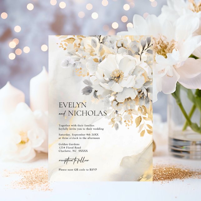 Elegant Gold Grey Gold Floral Wash QR code Invitation (Elegant Gold Grey Gold Floral Wash QR code Invitation)