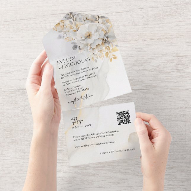 Elegant Gold Grey Gold Floral Wash QR code Wedding All In One Invitation (Tearaway)