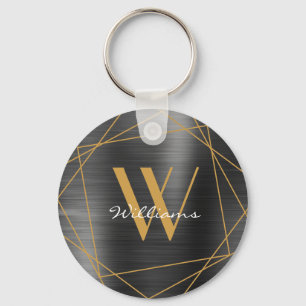 Elegant Gold Grey Monogram Name Script Geometric Keychain