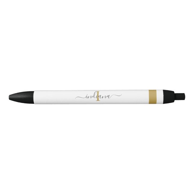 Elegant Gold Grey Script Monogram Name Initial Black Ink Pen (Front)