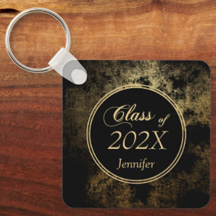 Elegant Gold Grunge over Black Graduation Keychain