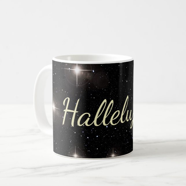 Elegant Gold Hallelujah! On Stars Black Holiday Coffee Mug (Front Left)
