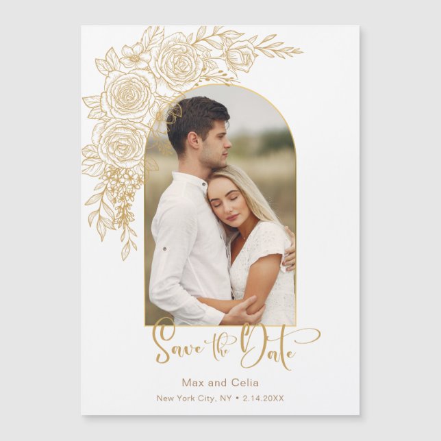Elegant Gold Hand Drawn Rose Photo Save the Date Magnetic Invitation (Front)