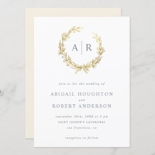 Elegant Gold Hand-drawn Wreath Initials Wedding Invitation