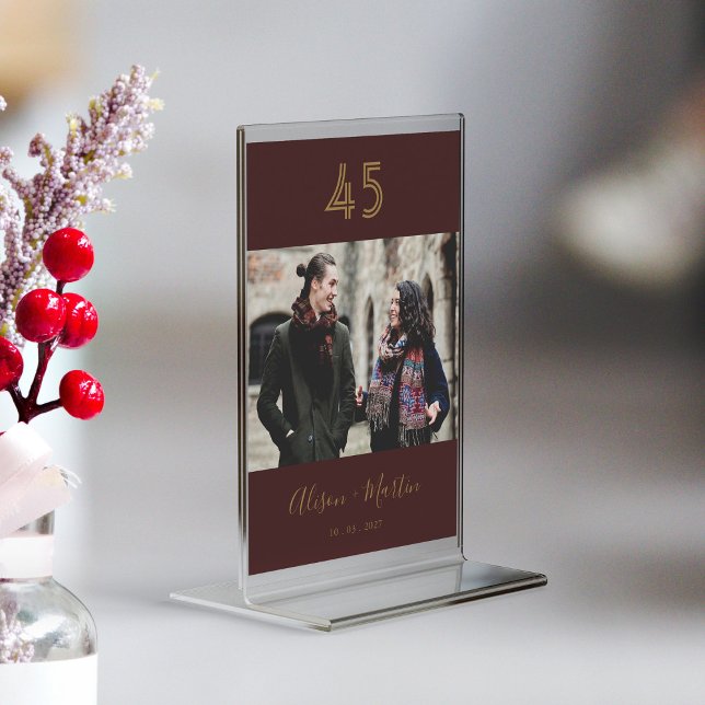 Elegant Gold Hand Lettered Burgundy Photo Wedding Table Number (Personalized Elegant Gold Hand Lettered Burgundy Photo Wedding Table Number)