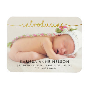 elegant gold hand lettering photo birth announce magnet