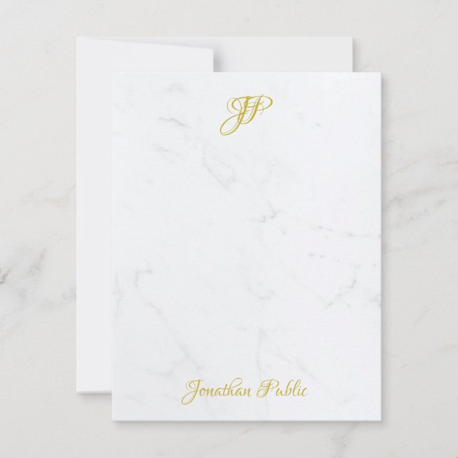 Elegant Gold Hand Script Monogram White Marble Card (Front)