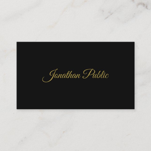 Elegant Gold Handwritten Script Sleek Black Plain Business Card (Front)