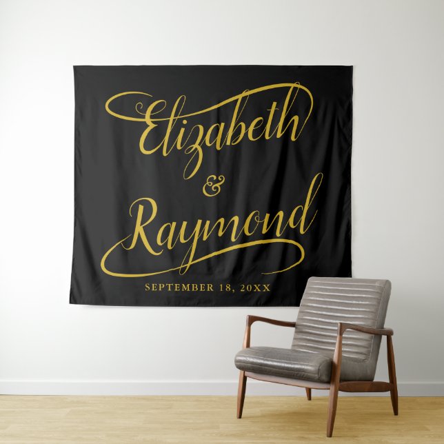 Elegant Gold Handwritten Swash Calligraphy Wedding Tapestry (In Situ (Horizontal))