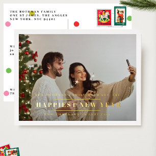 Elegant Gold HAPPIEST NEW YEARS   Photo Frame Foil Holiday Postcard