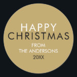 Elegant Gold Happy Christmas Family Name Classic Round Sticker<br><div class="desc">Modern elegant Happy Christmas round sticker for you to personalise with your holiday message and family name.You can customise the background colour to match your holiday theme. Designed by Thisisnotme©</div>