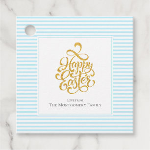 Elegant Gold Happy Easter Blue Striped Gift Tags