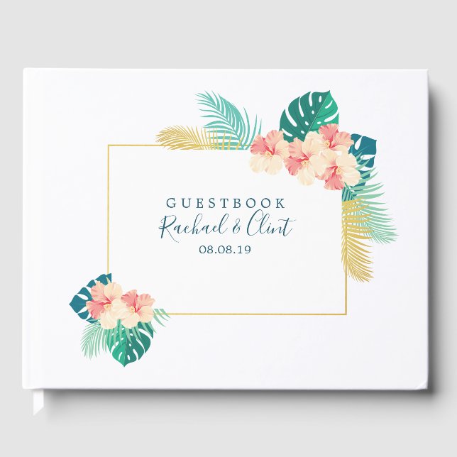 Elegant Gold Hawaiian Hibiscus Wedding Guestbook (Front)