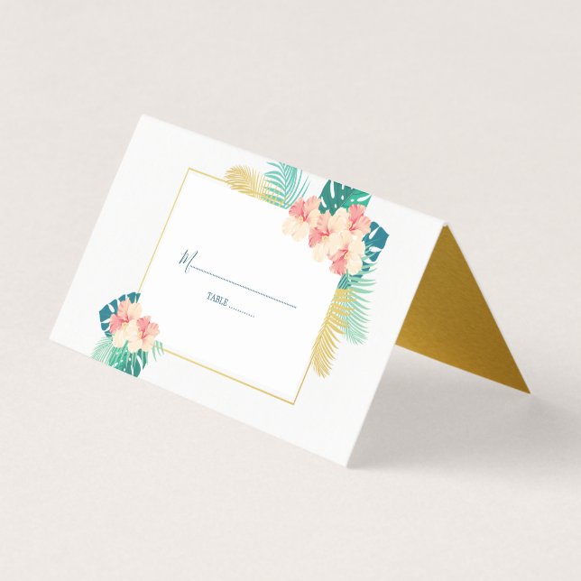 Elegant Gold Hawaiian Hibiscus Wedding Table Cards (Front)