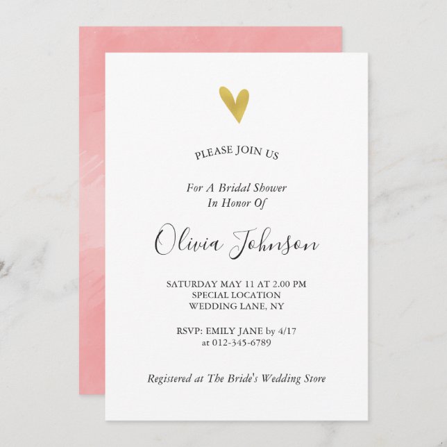 Elegant Gold Heart Bridal Shower Invitation (Front/Back)