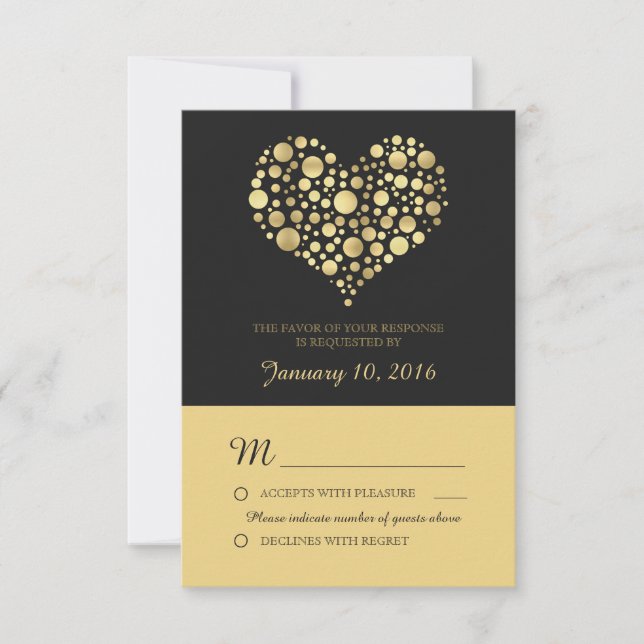 Elegant Gold Heart Dusty Black Wedding RSVP (Front)