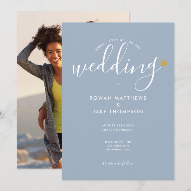 Elegant Gold Heart Dusty Blue Script Photo Wedding Invitation (Front/Back)