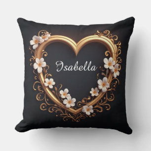 ✨ Elegant Gold Heart Floral Romantic Luxury Design Throw Pillow