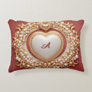 Elegant Gold Heart Frame With Pearl Detail Accent Pillow