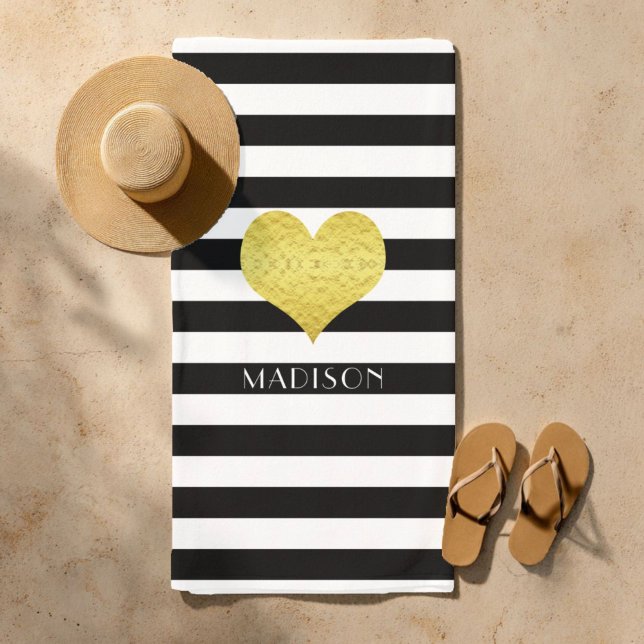Elegant Gold Heart Name Black And White Stripes Beach Towel (Elegant Gold Heart Name Black And White Stripes Beach Towel)