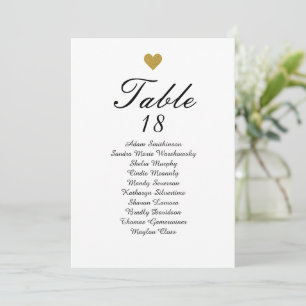 Elégant Gold Heart Numéro de table Seigneurs Carte