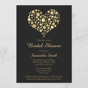 Elegant Gold Heart on Dusty Black Bridal Shower Invitation