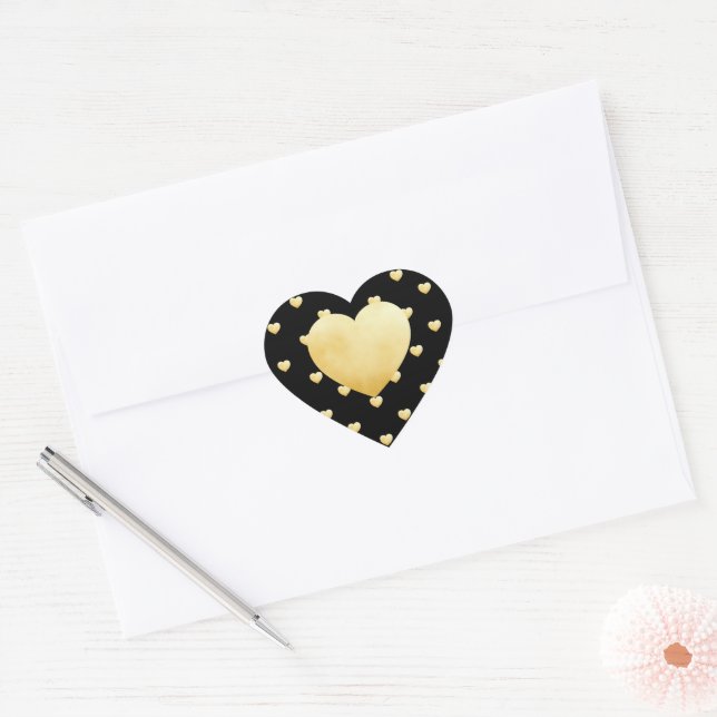 Elegant Gold Heart Pattern on Black Sticker (Envelope)