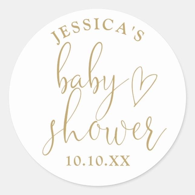 Elegant Gold Heart Script Baby Shower Favour Classic Round Sticker (Front)