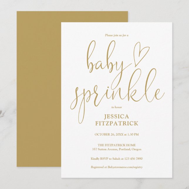 Elegant Gold Heart Script Baby Sprinkle Shower Invitation (Front/Back)