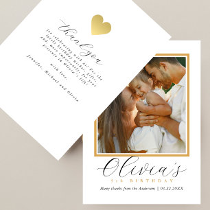 Elegant Gold Heart Script Photo Birthday Thank You Card