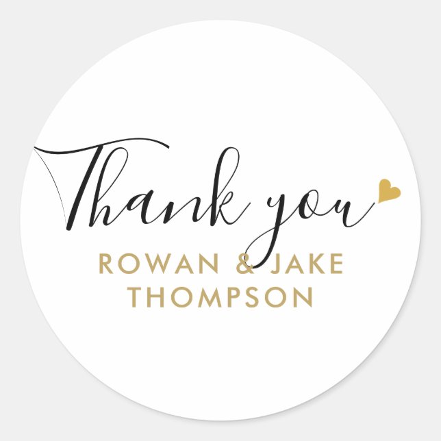 Elegant Gold Heart Script Thank You Classic Round Sticker (Front)
