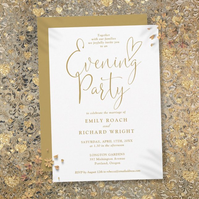Elegant Gold Heart Script Wedding Evening Party Invitation (Elegant Gold Heart Script Wedding Evening Party Invitation)