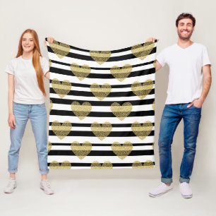 Elegant Gold Heart Wedding Stripe Pattern Fleece Blanket