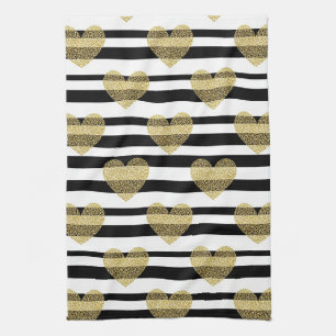 Elegant Gold Heart Wedding Stripe Pattern Kitchen Towel