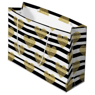 Elegant Gold Heart Wedding Stripe Pattern Large Gift Bag