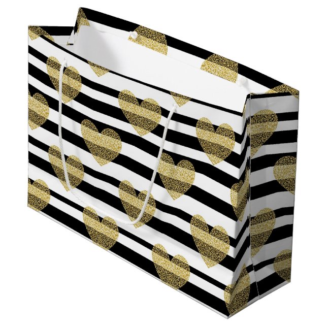 Elegant Gold Heart Wedding Stripe Pattern Large Gift Bag (Front Angled)