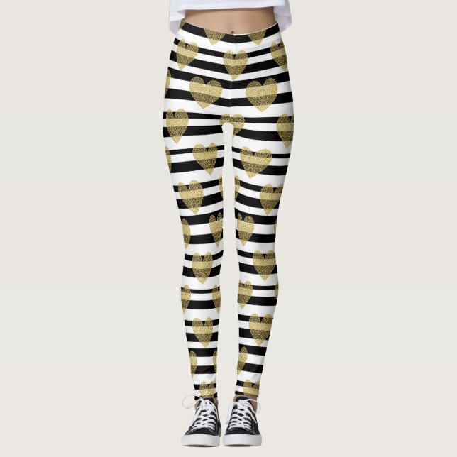 Elegant Gold Heart Wedding Stripe Pattern Leggings (Front)