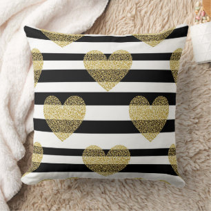 Elegant Gold Heart Wedding Stripe Pattern Throw Pillow