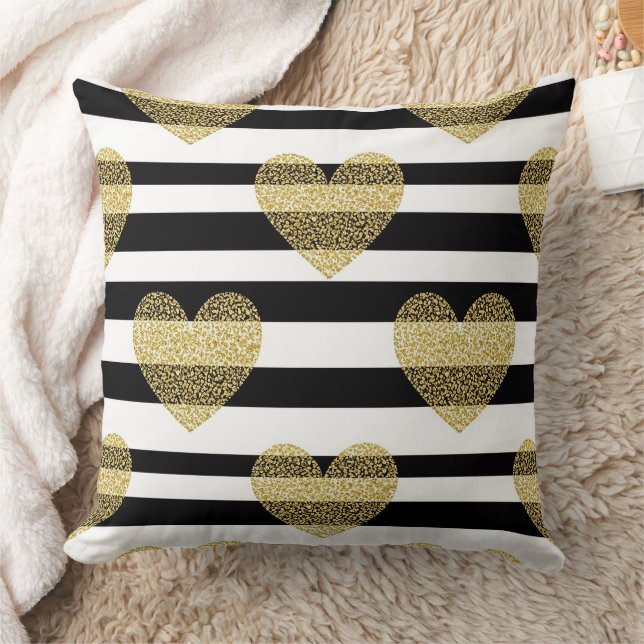 Elegant Gold Heart Wedding Stripe Pattern Throw Pillow (Blanket)