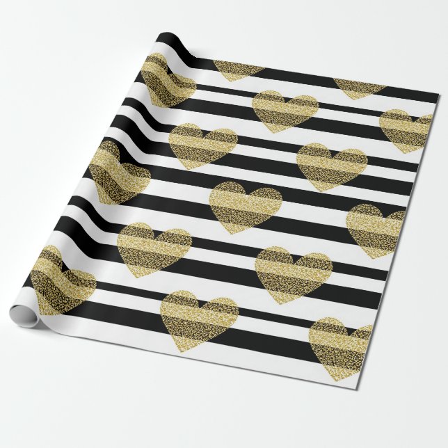 Elegant Gold Heart Wedding Stripe Pattern Wrapping Paper (Unrolled)