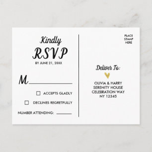 Elegant Gold Heart White Black RSVP Postcard