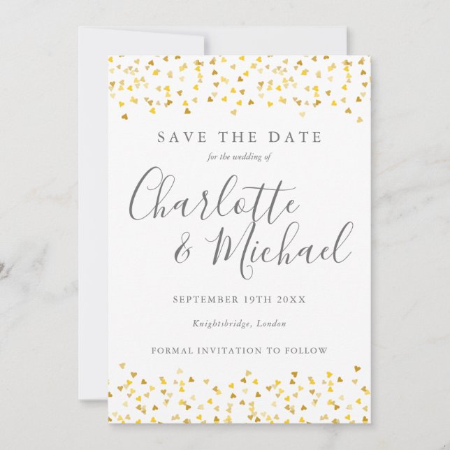 Elegant Gold Hearts Confetti Signature Script Save The Date (Front)