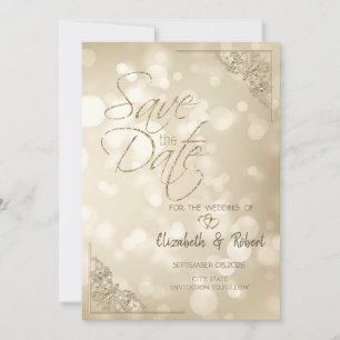 Elegant Gold Hearts Frame Bokeh Save The Date