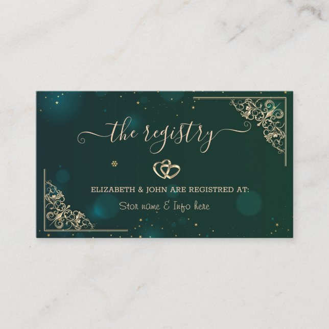Elegant Gold Hearts Frame Green Wedding  Registry  Enclosure Card (Front)