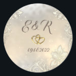 Elegant Gold Hearts Lace Wedding  Classic Round Sticker<br><div class="desc">Elegant gold heart rings,  and lace on gold bokeh background.</div>