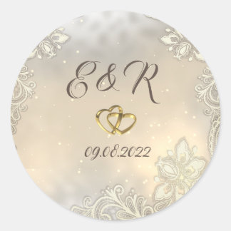 Elegant Gold Hearts Lace Wedding Classic Round Sticker