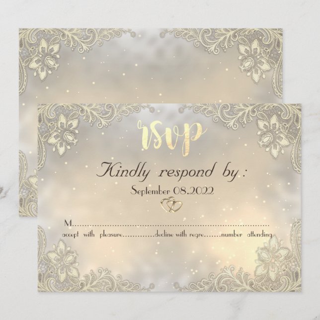 Elegant Gold Hearts Lace Wedding  RSVP  Invitation (Front/Back)