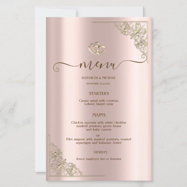 Elegant Gold Hearts Rose Gold Wedding Menu Card (Front)
