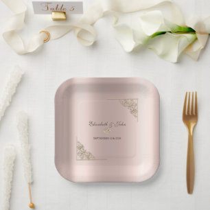 Elegant Gold Hearts Rose Gold Wedding  Paper Plate