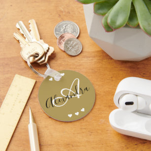 Elegant Gold Hearts Script Monogram Name Keychain